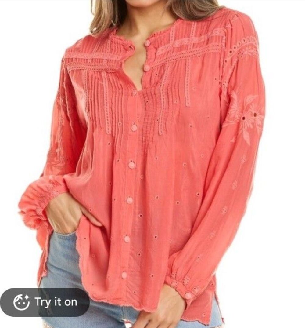 Johnny Was Women's Helia Blouse Size 1X Embroidered Eyelet Passionfruit Boho